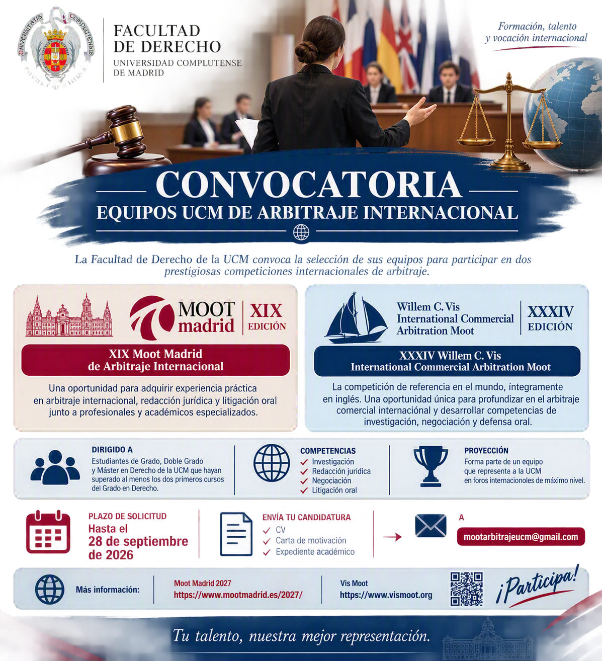 Participa en los equipos UCM de arbitraje internacional: Moot Madrid y Vis Moot